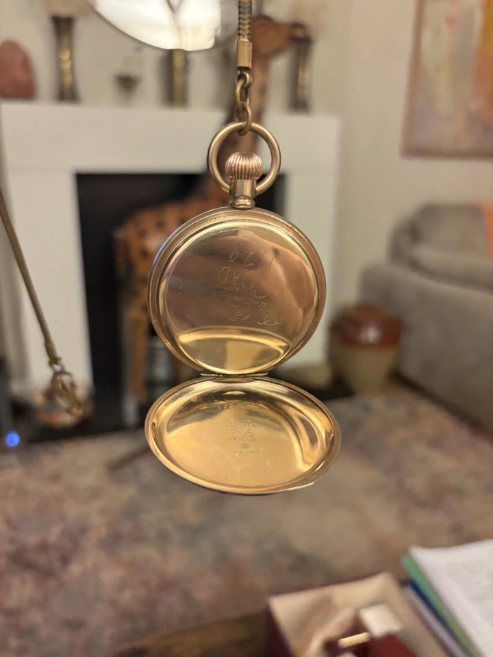 Relógio de bolso Dennison full hunter ouro 10 quilates, joia Waltham Masse 15, tamanho 16s - Imagem 2 de 4