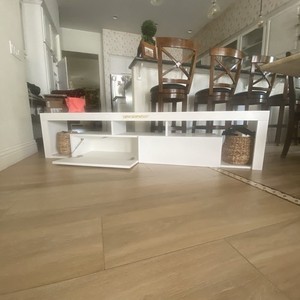 White TV Stand w/ Open Storage Shelves, 70in, Fits 40-70in TV, Assembled