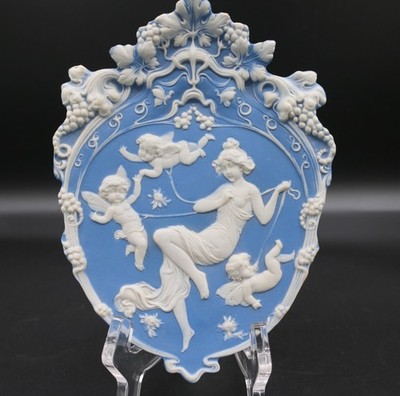 Art Nouveau Bisque Porcelain Schafer & Vater Germany Jasperware Plaque Cherubs