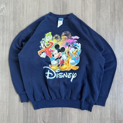 Disney Sweatshirt Mens Large Navy Blue Mickey Mouse Goofy Donald Pluto Crewneck