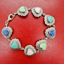 QUOC TURQUOISE QTC 925 STERLING SILVER MULTI-STONE HEART LINK BRACELET