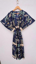 Indian Blue Tiger Handmade Cotton Kaftan Maxi Dress Women's Clothing Gown US