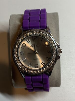 Geneva Purple Women's Wrist Watch with Rhinestone Crystals Silicone Band
