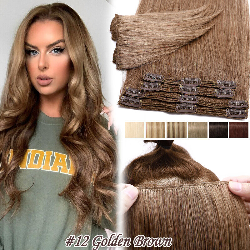 Double Weft Clip in Remy Human Hair Extensions Thick Full Head US 16\
