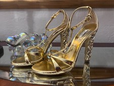 MIU MIU Capretto Gold Rhinestone Crystal Sandals Shoes EU 36.5 US 6 New with Box