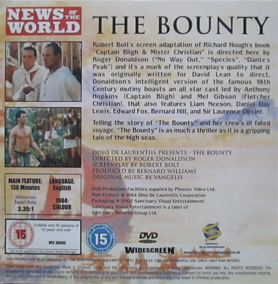 THE BOUNTY DVD ANTHONY HOPKINS MEL GIBSON LIAM NEESON DANIEL DAY LEWIS - Image 2 of 2