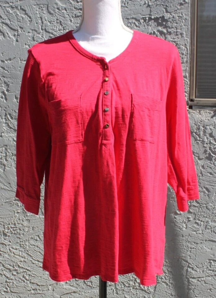 CHICO'S HOT PINK BLOUSE PETITE XL 3/4 SLEEVE BUTTON FRONT RELAX FITTED POCKETS - Image 3 of 4
