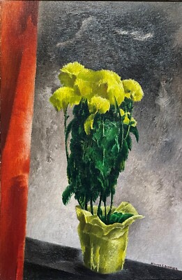 ''Mums'' William S. Schwartz, Yellow Flowers, Cubist, Modern Still Life