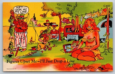 Figures Upset Me Ill Just Drop A Line Postcard Fishermen Leering At Woman Comic