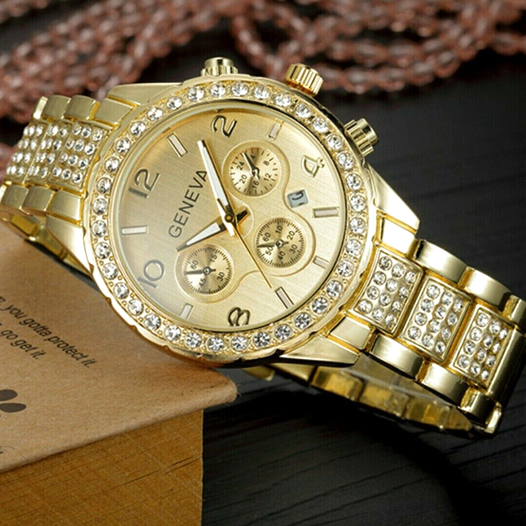 Geneva Luxury Women's AAA CZ Crystal Stainless Steel Quartz Wrist Watch Gold