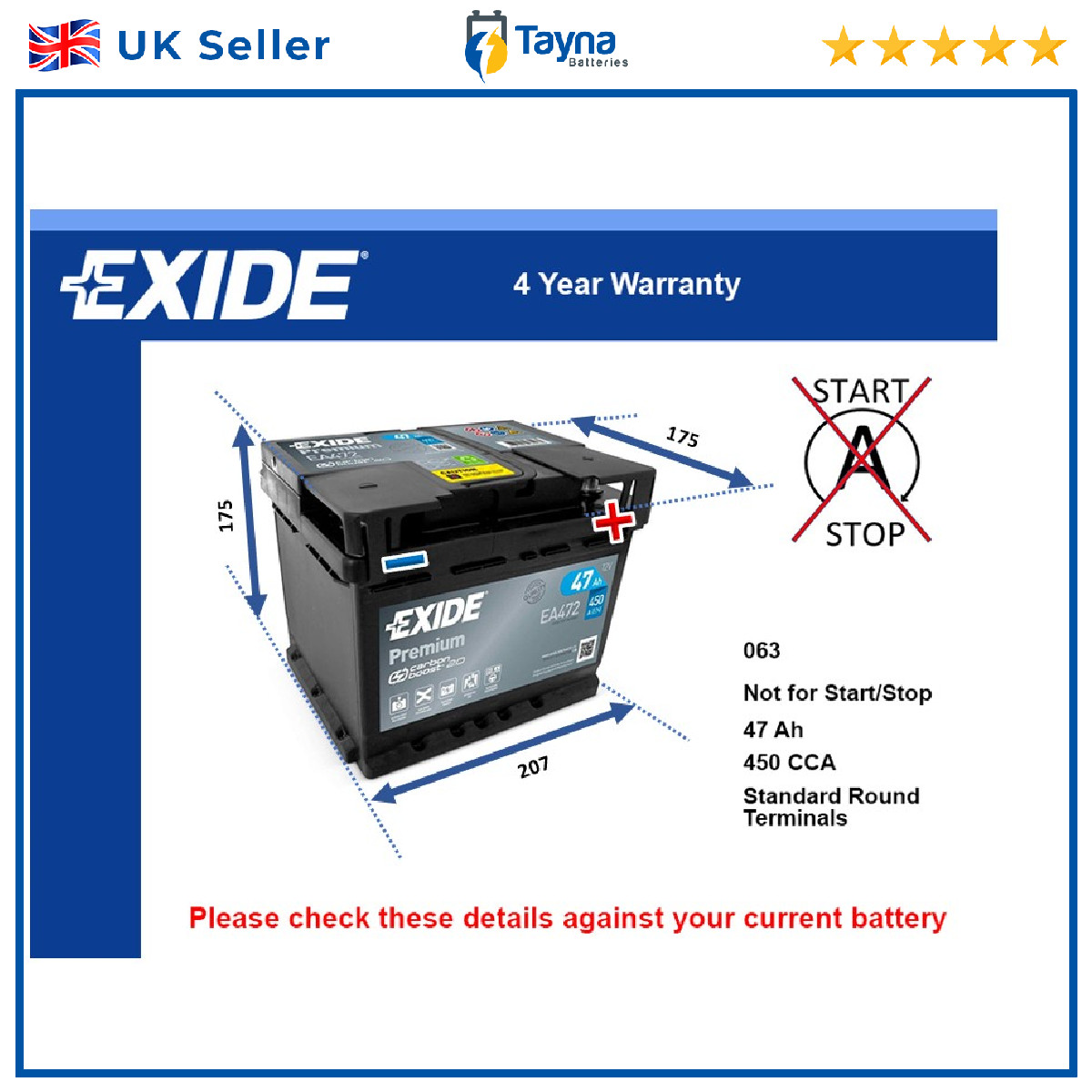 Car Battery EA472 Exide 063 450A 47Ah 4Yr Warranty 207x175x175 Premium