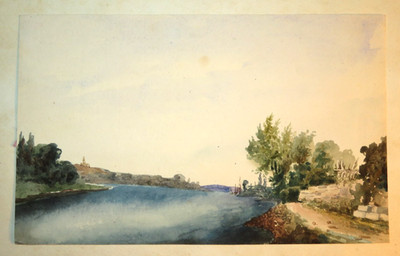 FRENCH SCHOOL 19TH BEAUTIFUL DRAWING WATERCOLOR LANDSCAPE RIVER STONE WALL 18...