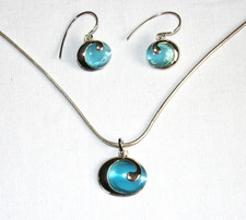 S Silber 925 Halskette & Ohrringe besetzt mit blauen Steinen tiefblau Meer Anhänger