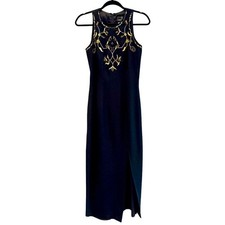 Carole Little Vintage Dress Black Gold Embroidered Beaded Formal Maxi Womens 4