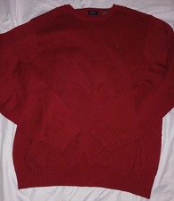 Izod Mens Red Argyle Long Sleeve Crew Neck Sweater Size Large 100 Cotton