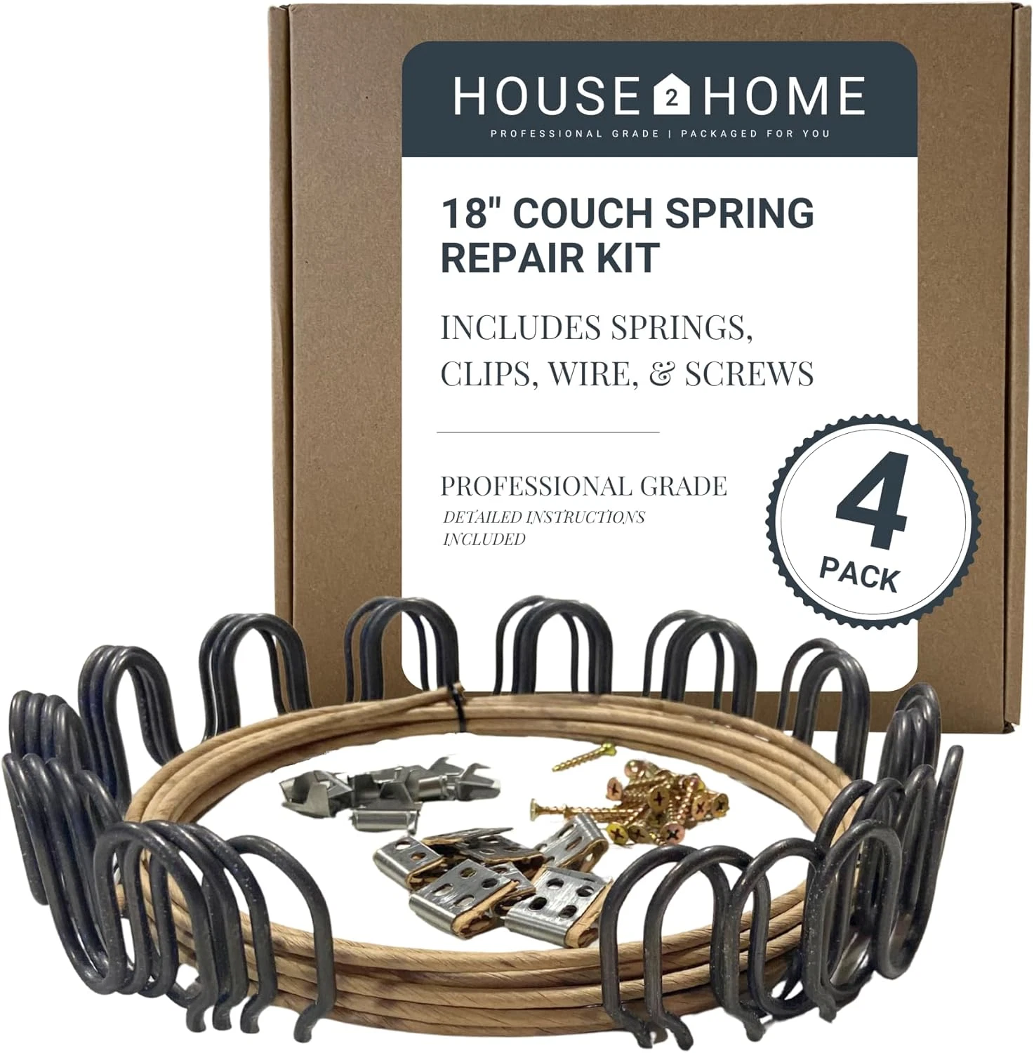 18" Couch Spring Repair Kit - Fix Sofa with 4 Springs, Clips, Stay Wire, Screws