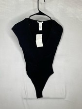 Zara Bodysuit Womens Small Black V Neck Cap Sleeve Jersey Thong Stretch NEW