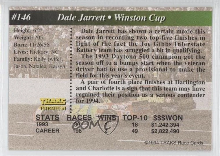 1994 Traks Premium Dale Jarrett #146 HOF - Image 2 of 2