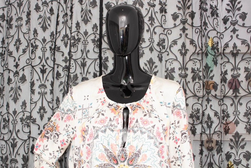 ODD MOLLY Blouse Ivory Aztec Satin Top Art Bohemian Viscose Size 3 UK16 Large - Image 2 of 4