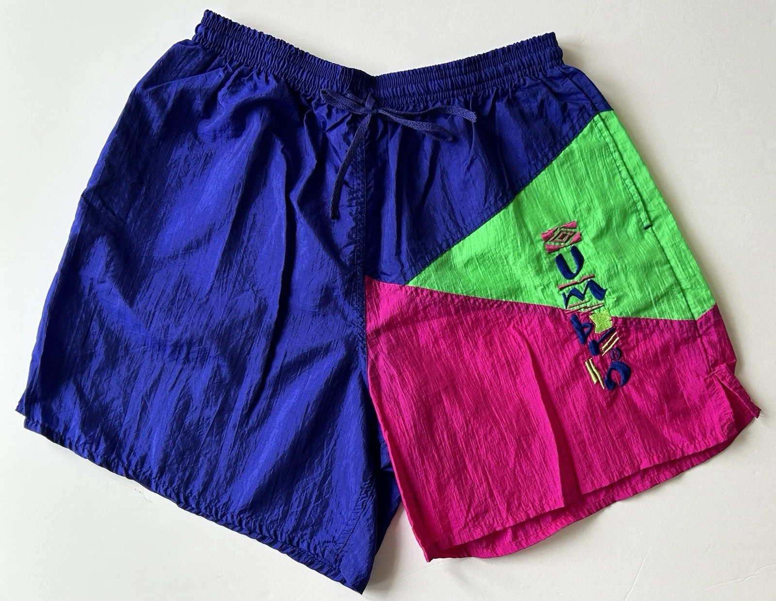 VTG 90s UMBRO Sand Soccer Nylon Colorblock Blue Pink Green Men’s Shorts LARGE