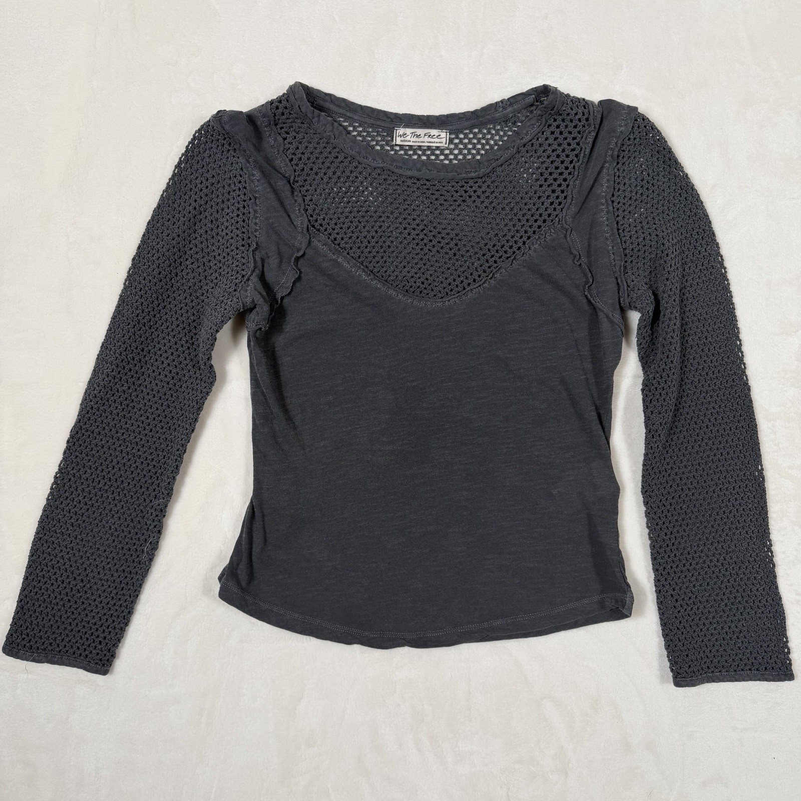 Free People We The Free Gray Crochet Mesh Long Sleeve Top Boho Sz M Grunge