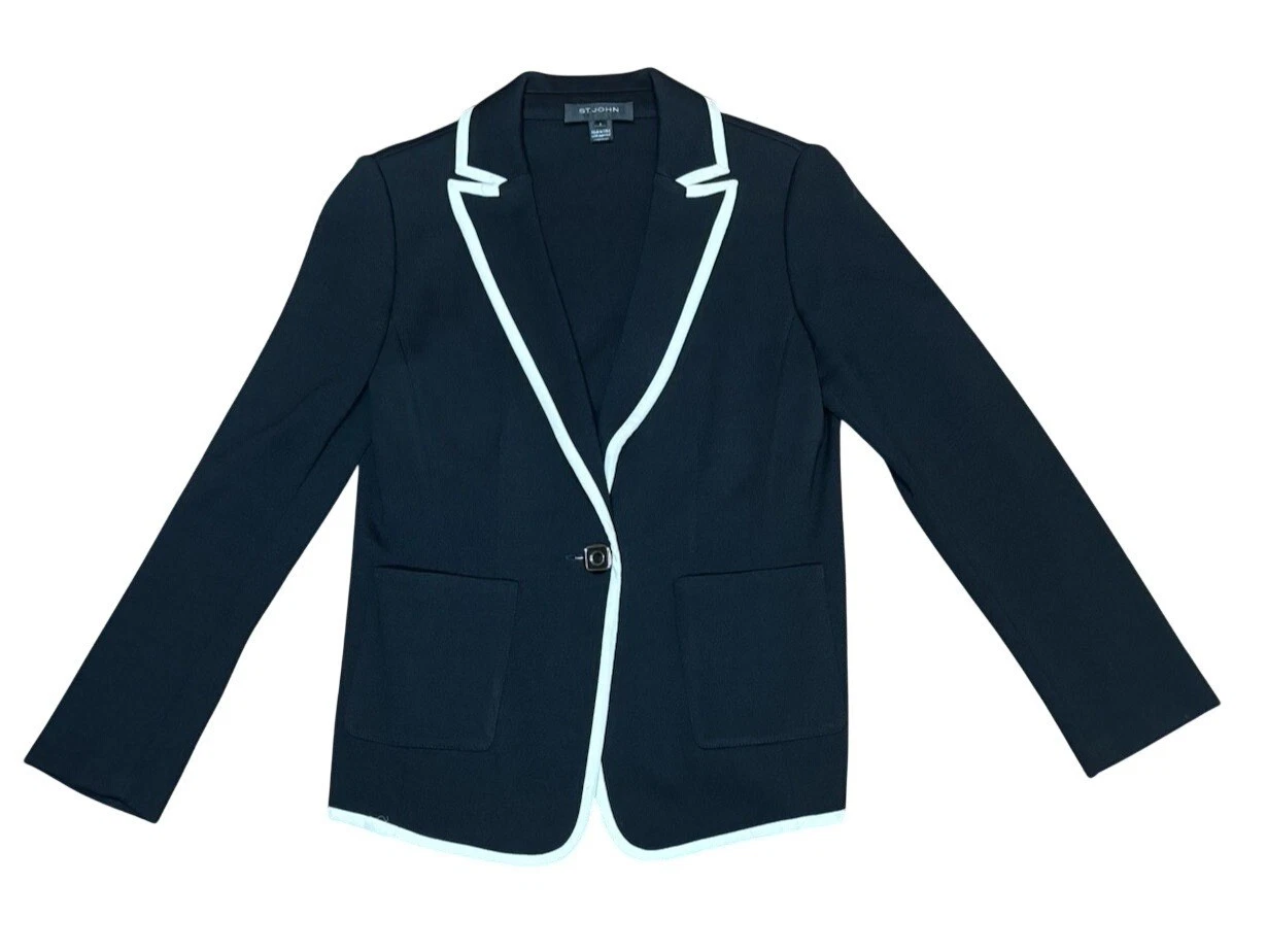 St. John Collection Wool Knit Jacket Blazer Black with Silk Trim Size 8 USA
