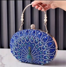 Peacock BLUE Rhinestone Evening Bag Luxury Beaded Clutch Purse Gold Trim Chain