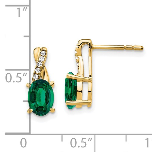 14k Yellow Gold Lab-Created Emerald and Diamond Earrings - Picture 4 of 7