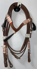 NEW WESTERN RAWHIDE V BROW HORSE HAIR HEADSTALL & SPLIT REINS