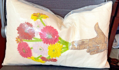 NEW Jonathan Adler Beaded Flowers Pillow Needlepoint 20X12 Linen Wool Down Insrt