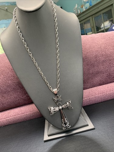 "Collar vintage grande grueso cruz cristiana cromo plata declaración 25""" - Imagen 5 de 12