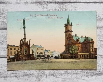AK Mährisch Neustadt Unicov Mariensäule Rathaus Stadtplatz Postkarte Handschrift - Bild 1 von 2