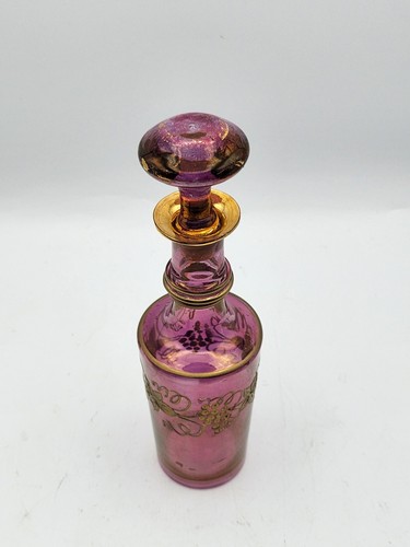 Antigua botella de perfume rosa oscuro bohemio esmaltado dorado. Moser? 7,5" H - Imagen 2 de 11