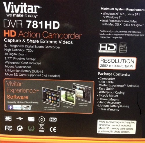Vivitar HD CAMCORDER CAMERA ACTION WATERPROOF DVR 781HD DVR781HD 5.1 MP 4x - Picture 4 of 9