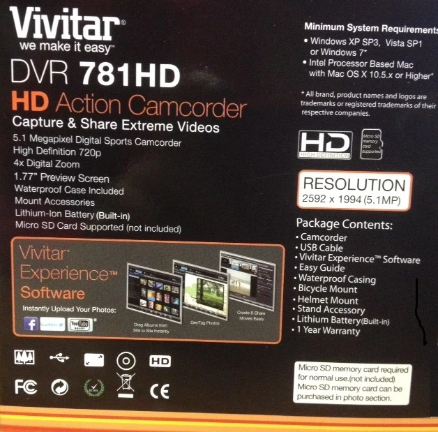 Vivitar HD CAMCORDER CAMERA ACTION WATERPROOF DVR 781HD DVR781HD 5.1 MP 4x - Image 4 of 4