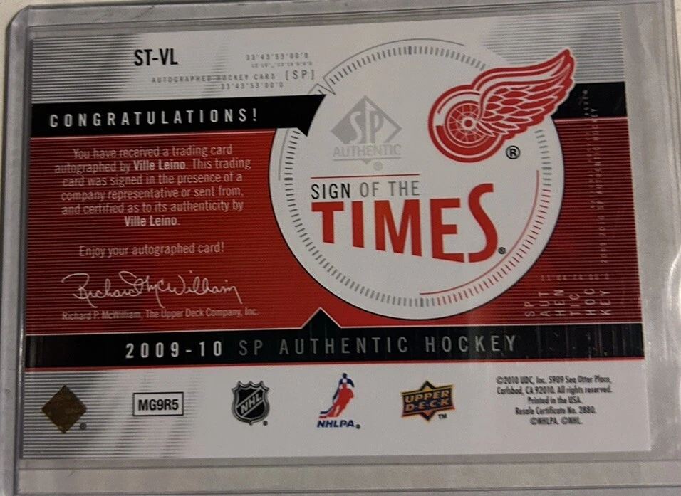 2009-10 SP Authentic Sign of the Times Ville Leino #ST-VL Rookie Auto Autograph - Image 2 of 2