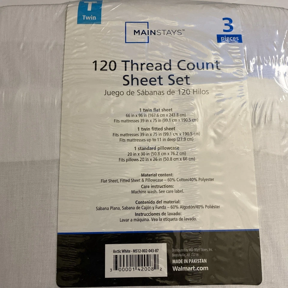 New Sealed Mainstays Twin 3 Piece Twin Sheet Set White Flat Fitted & Pillowcase - Image 4 of 4