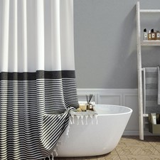 Extra Long Fabric Shower Curtain, 84 Inch Long Farmhouse Black and White Stri...
