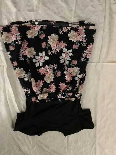Women’s Fit & Flare Black Floral Short Dress Bow Belt Short Sleeve Size S