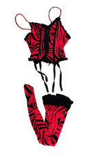 VINTAGE 80s RED BLACK LACE CAMI TEDDY W GARTERS HOSE WOMEN'S MEDIUM