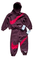 Nike Boys Sweatsuit Oversized Fit Burgundy w/Big Red Swoosh Hoodie & Joggers 5-7