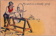 Vintage Postcard Humorous Workman Sharpening Tool With Grindstone Illustration
