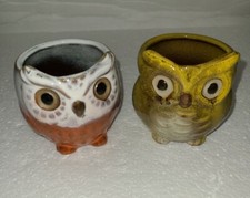2 SMALL GLAZED POTTERY OWL PLANTERS SUCCULENTS DRAIN HOLE