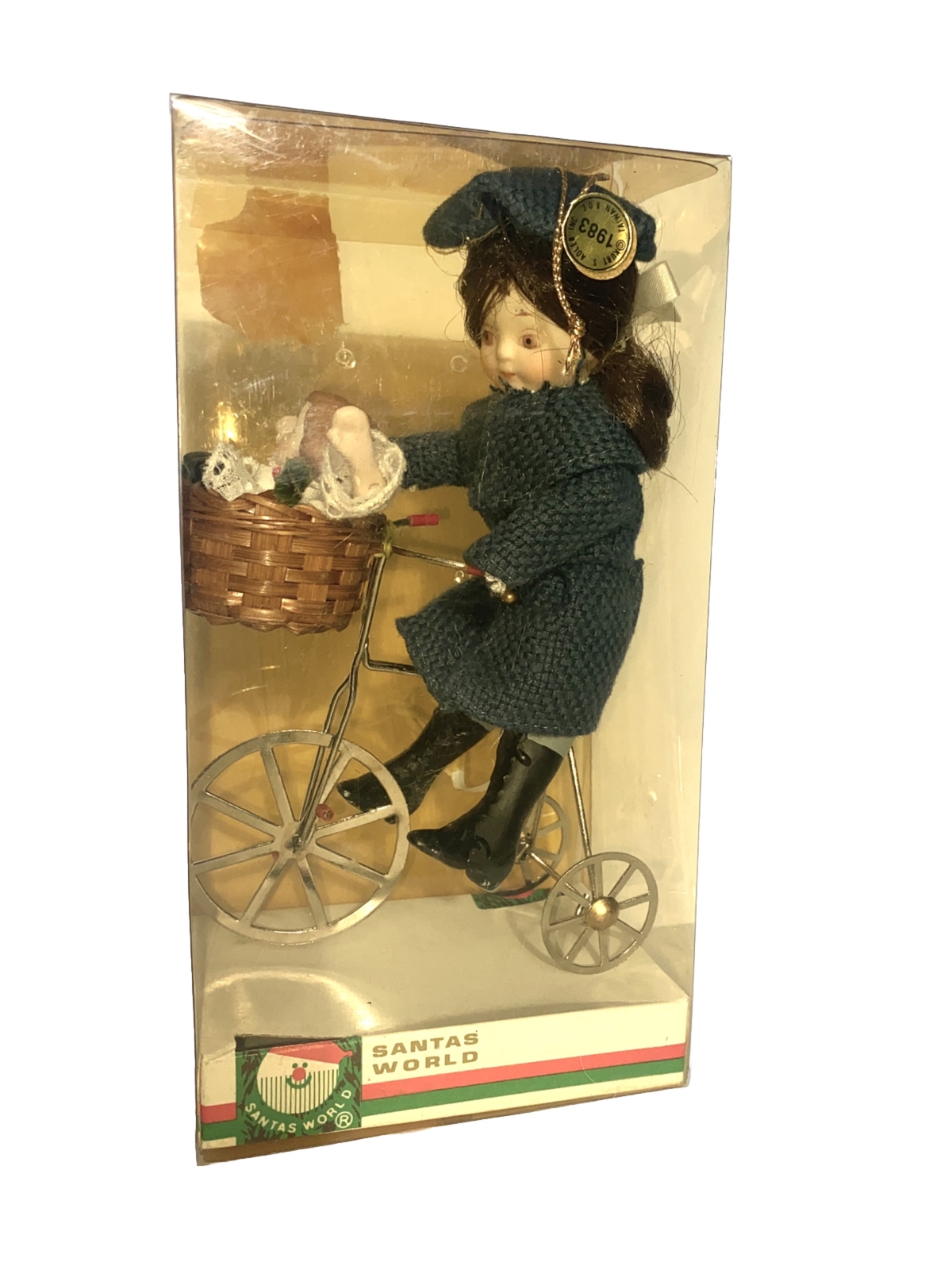 Kurt Adler RARO De Colección 1983 Santas World Niña Bicicleta Bebé Cesta de Mimbre J6364 Taiwán
