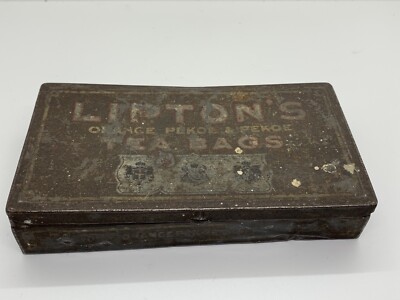 VTG Lipton Tea Metal Tin 1940s Orange Pekoe & Pekoe Tea 15 Bags Size Hinged