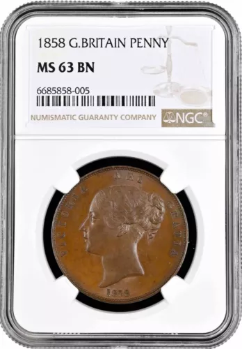 Great Britain 1 penny 1858, NGC MS63 BN, "Victoria (1838 - 1901)"