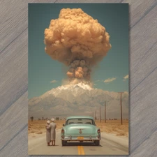 4x6"  Desert Scene Car Atomic Nuclear Bomb Cloud Retro Style Couple Surreal
