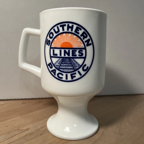 Vintage SOUTHERN PACIFIC LINES Railroad Mug Milk White Glass Pedestal Foot 10 oz
