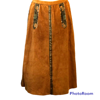 VTG 70s Caramel Brown BOHO Custom Suede Leather Midi Skirt w Pockets S/M