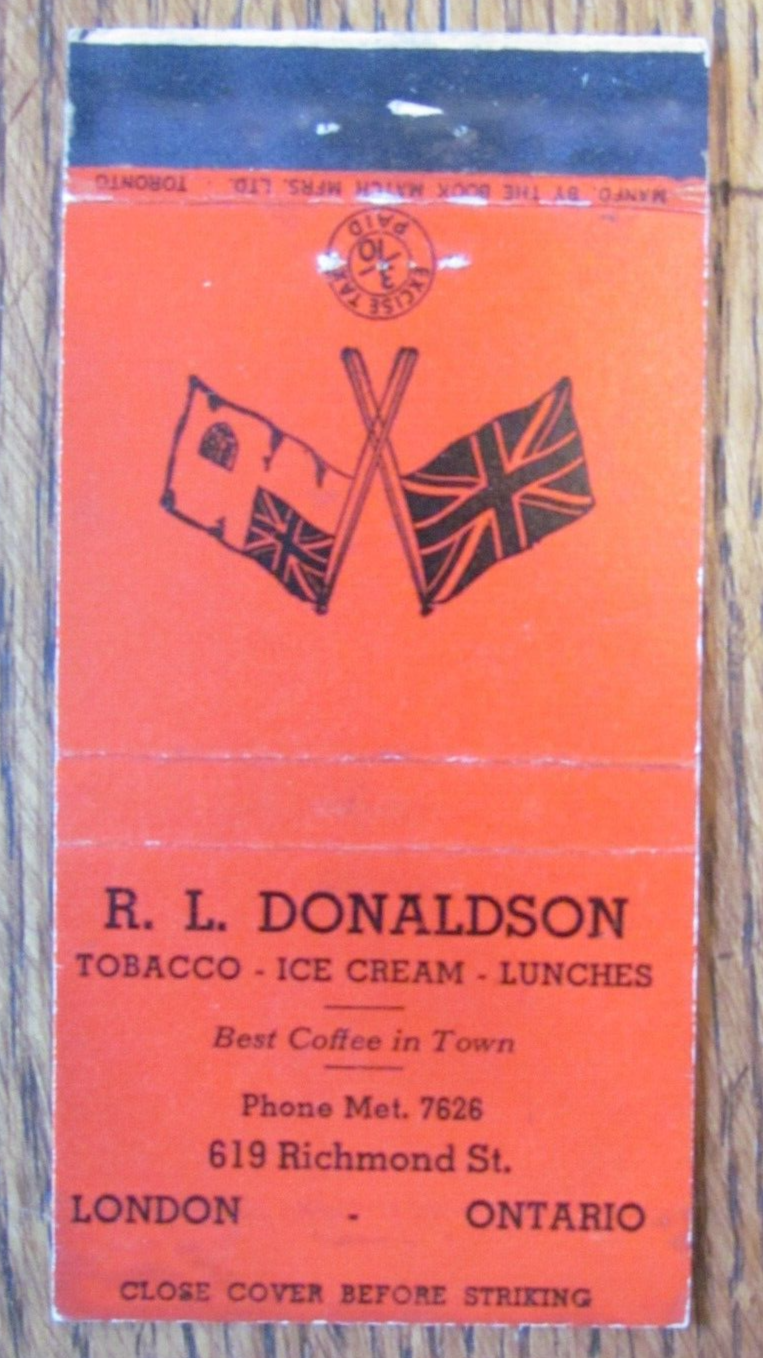 1940s CANADIAN TAX STAMP MATCHBOOK COVER DONALDSON TOBACCO SHOP LONDON